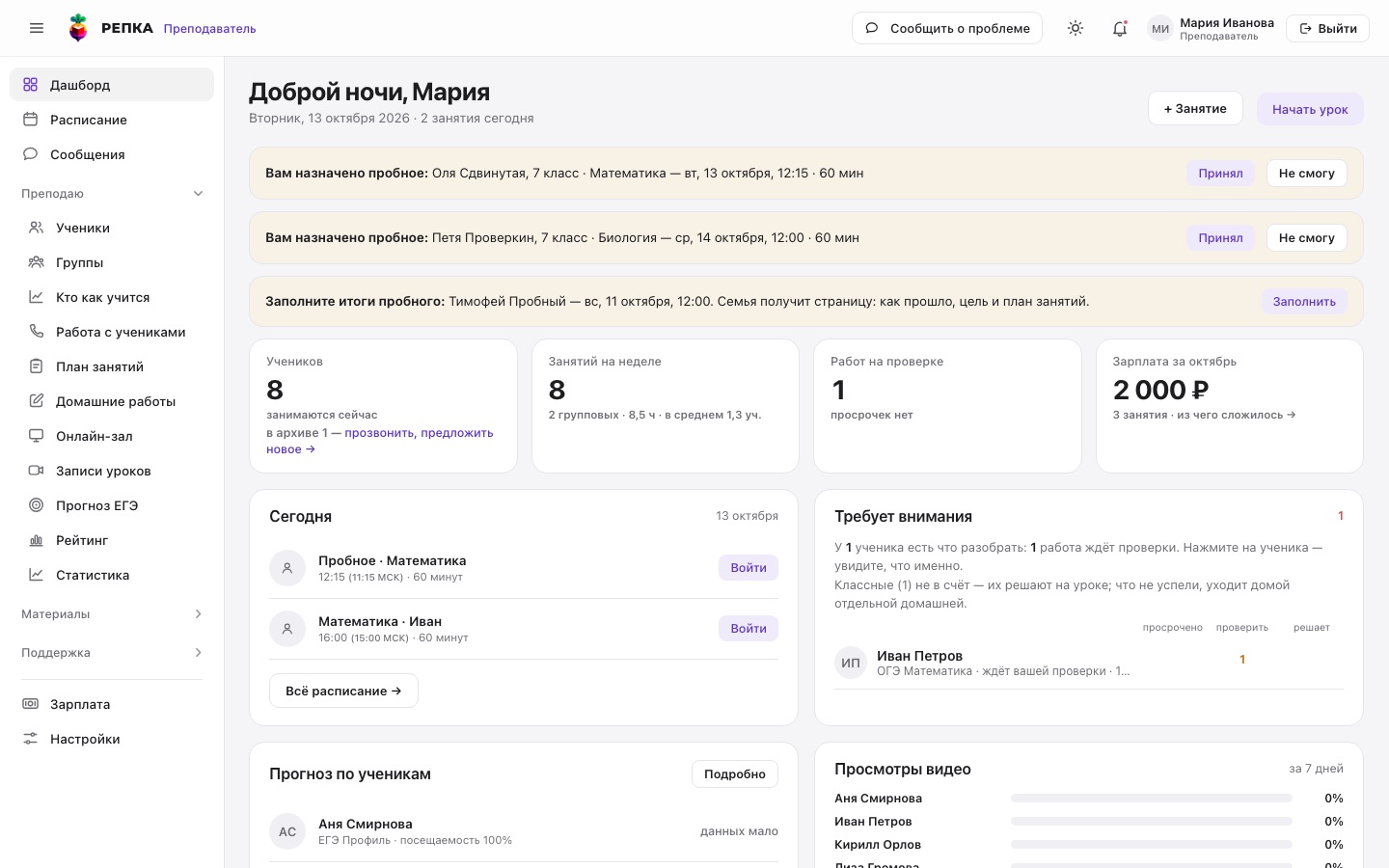 Teacher dashboard on the Repka platform